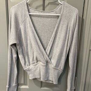 Ribbed Wrap-Front Women's Top in Light Gray